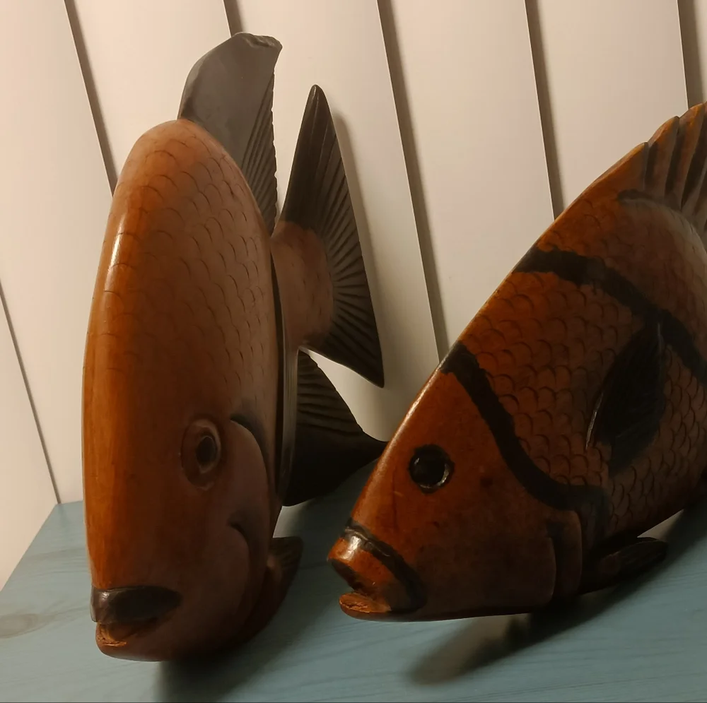 Two Beautifuly Handcrafted Solid Wood Fish Decor
